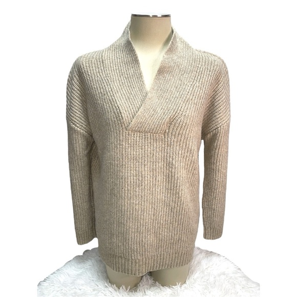 Talbots Shawl Collar Shaker Stitch Pullover Beige V-Neck Long Sleeve Sweater L - Picture 1 of 10